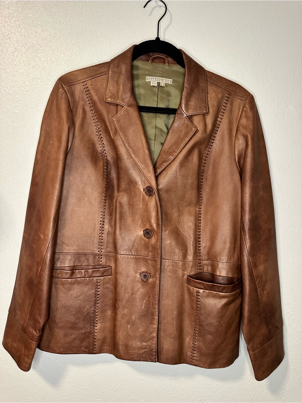 Isabella Bird Genuine Leather Whipstitch Blazer Jacket Cognac Brown